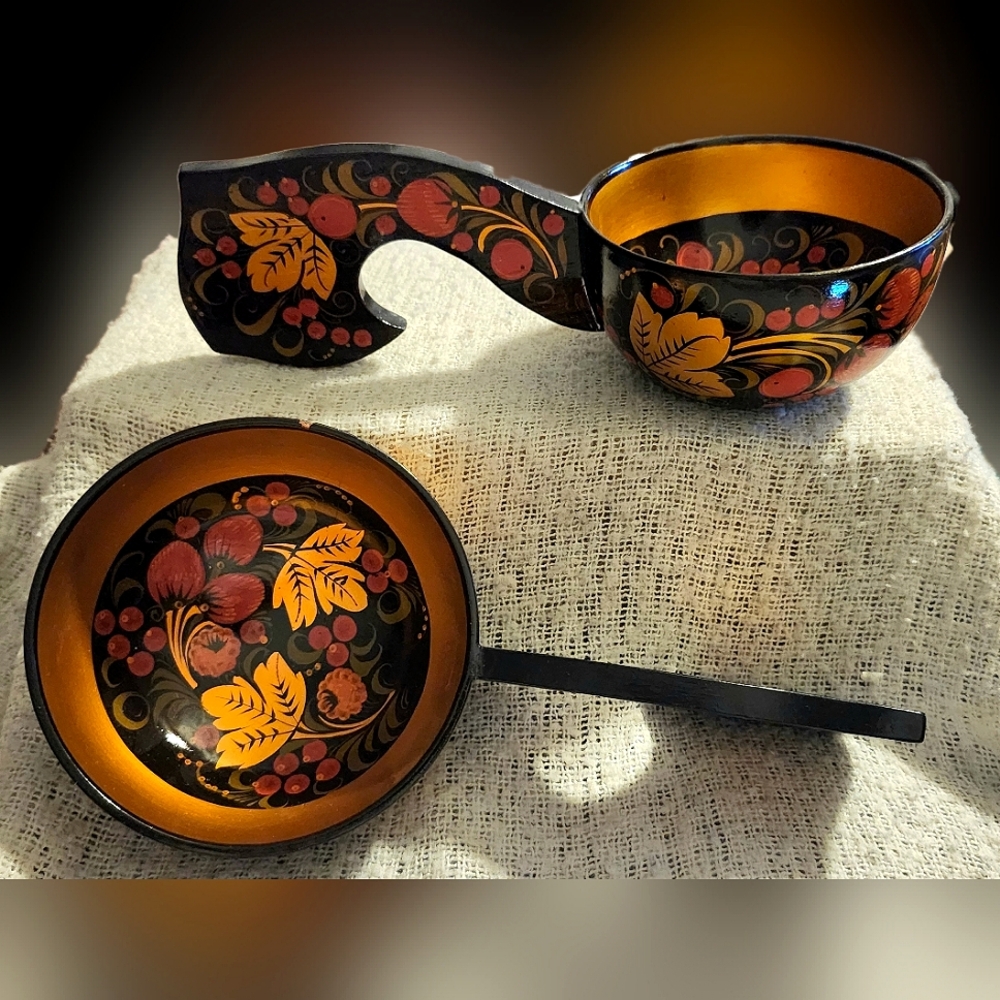 Vintage Russian Folk Craft Khokhloma Bowl/Ladle (SET OF 2)
